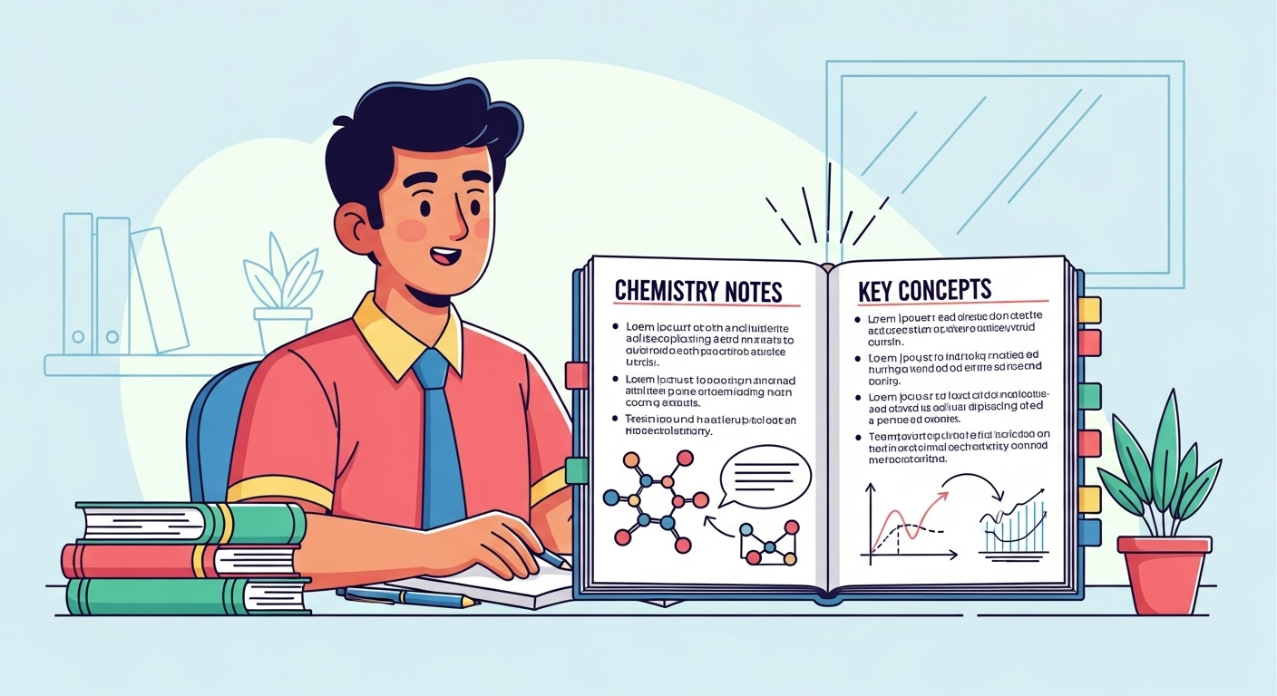 A cartoon illustration of a happy student with well-structured study notes, demonstrating the benefits of smart note-taking techniques.