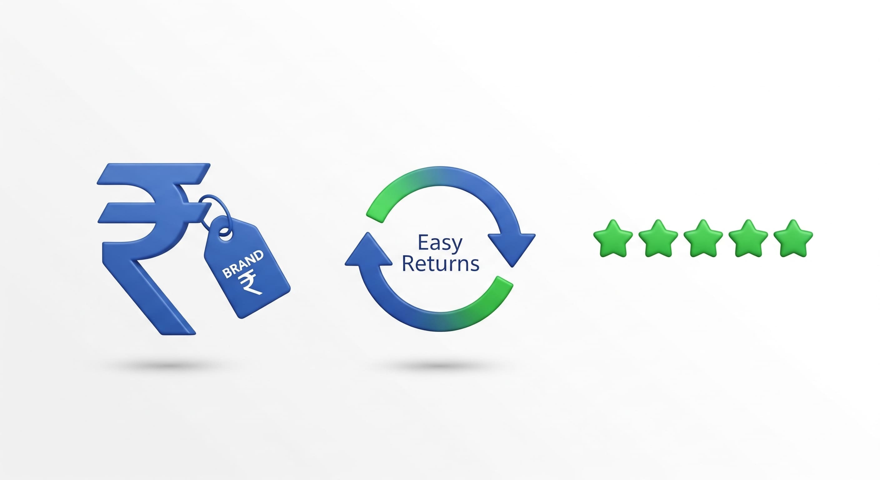 Icons representing trust signals: clear pricing, easy returns, and customer reviews.