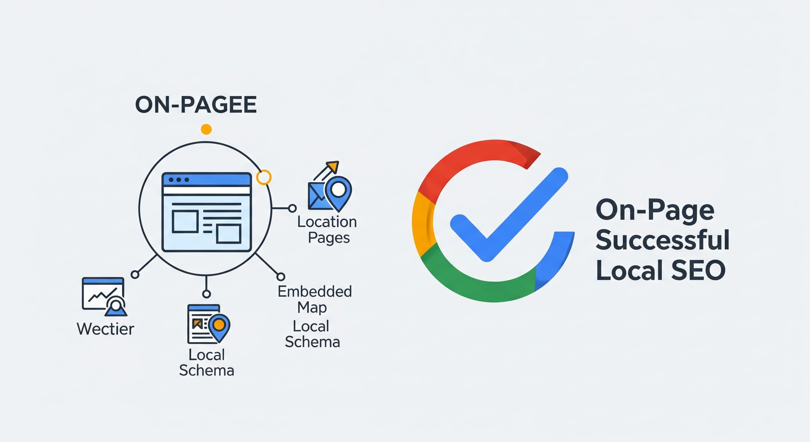 A diagram showing on-page SEO elements like location pages and schema markup.