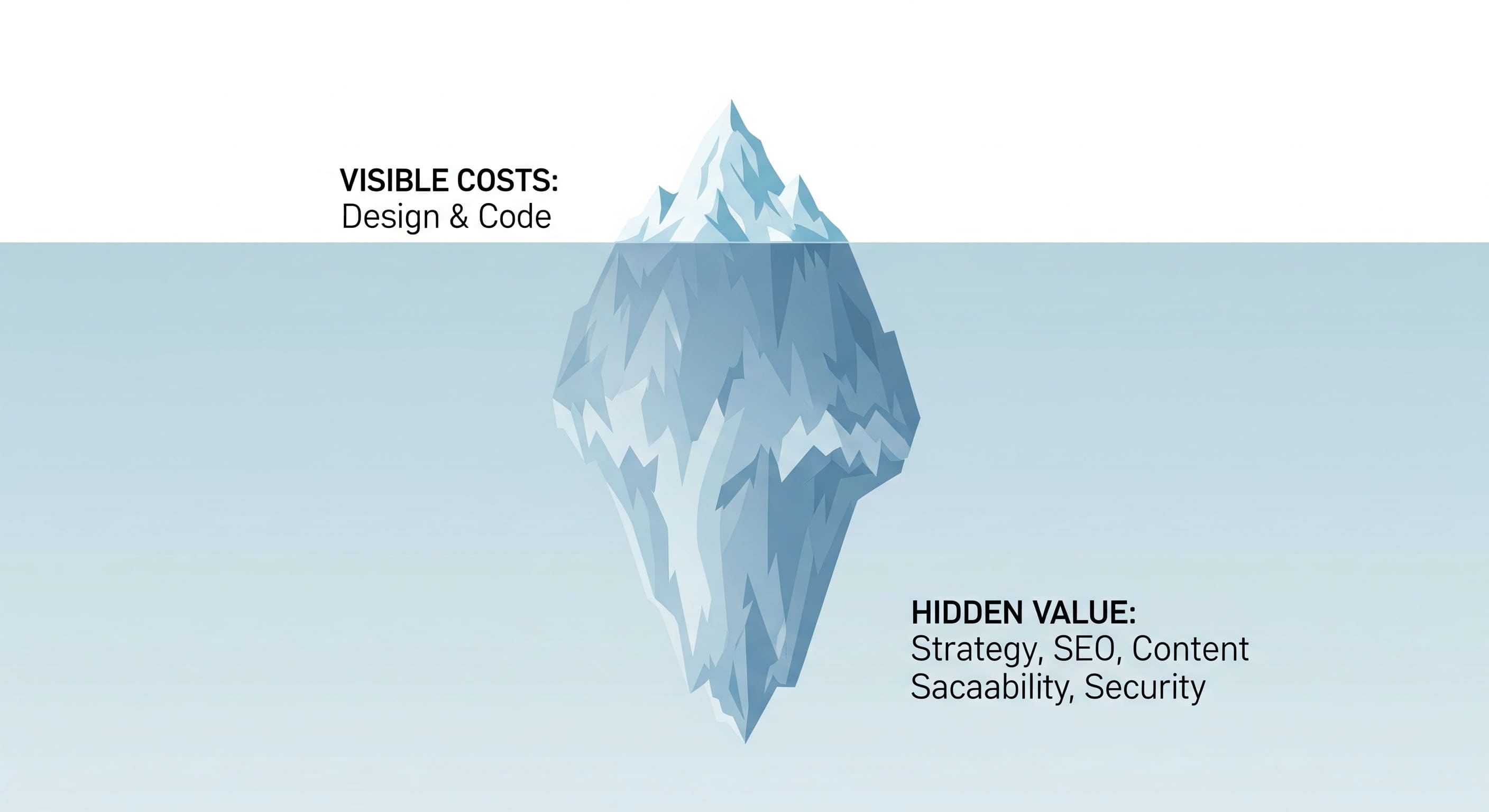 An iceberg diagram showing visible website costs like design and hidden costs like strategy and SEO.