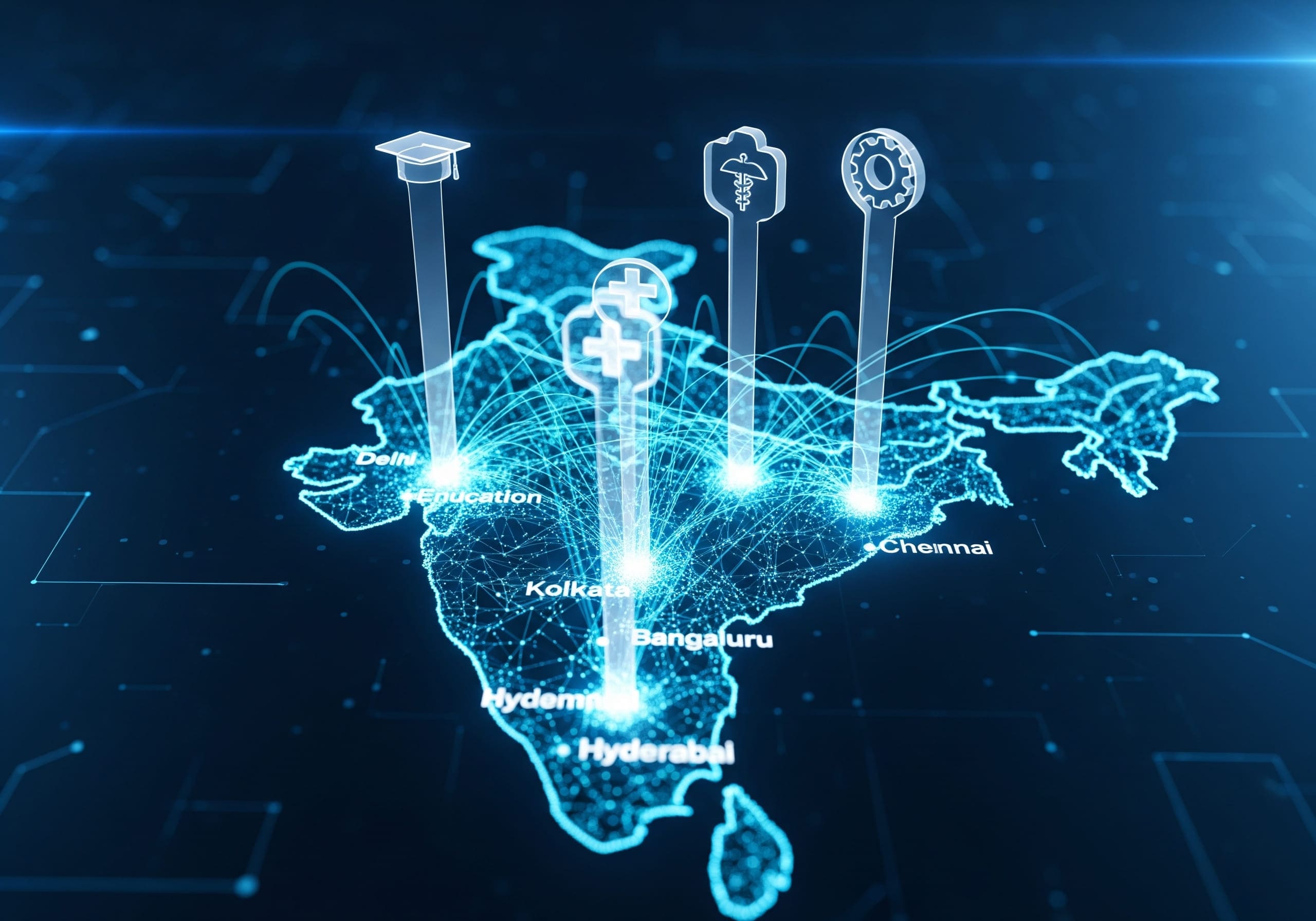 A digital representation of India with interconnected smart city and e-governance icons.