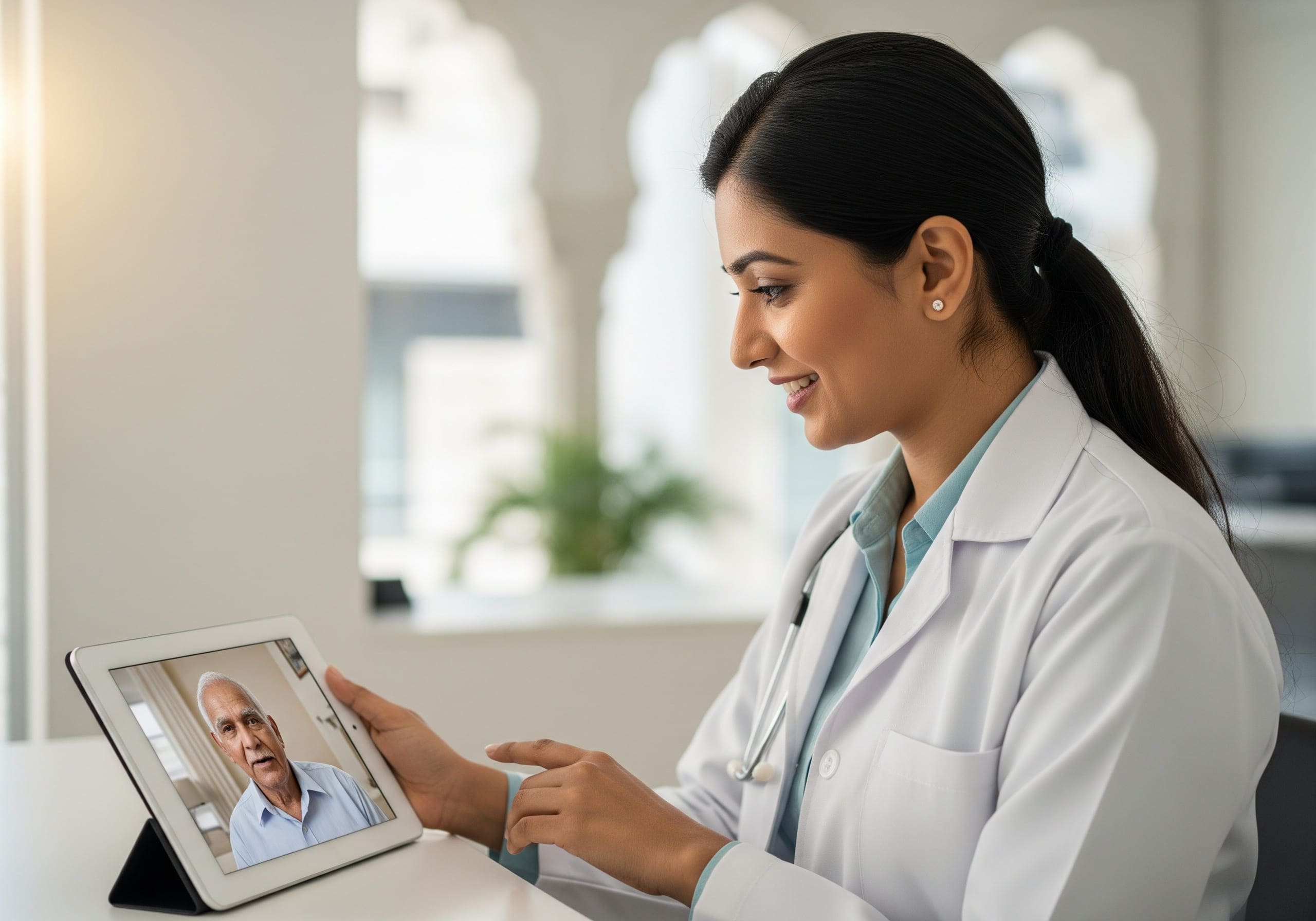 A doctor in India using a modern telemedicine platform developed by Acadify Solution.
