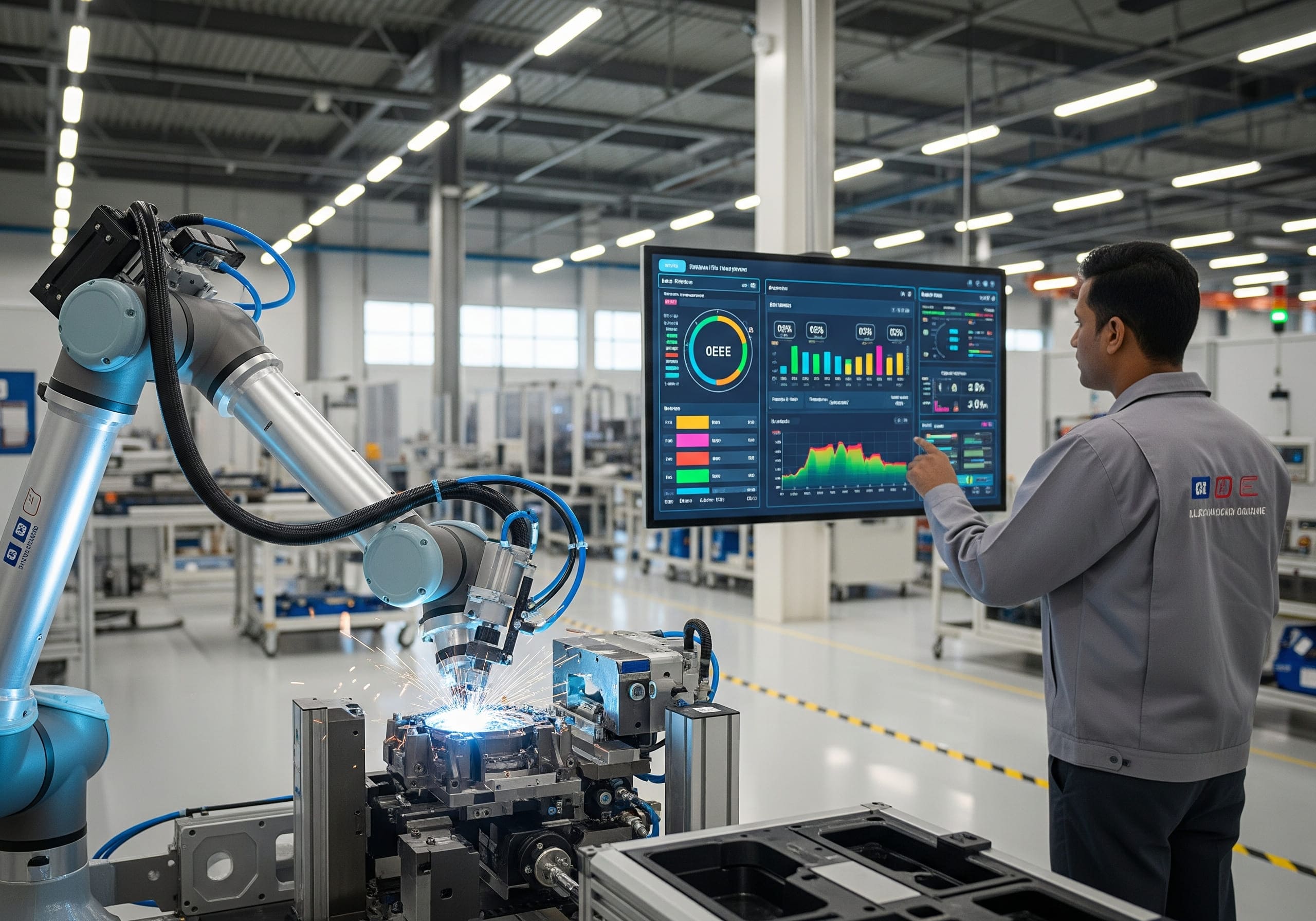 A modern Indian factory with integrated digital dashboards showing production data.