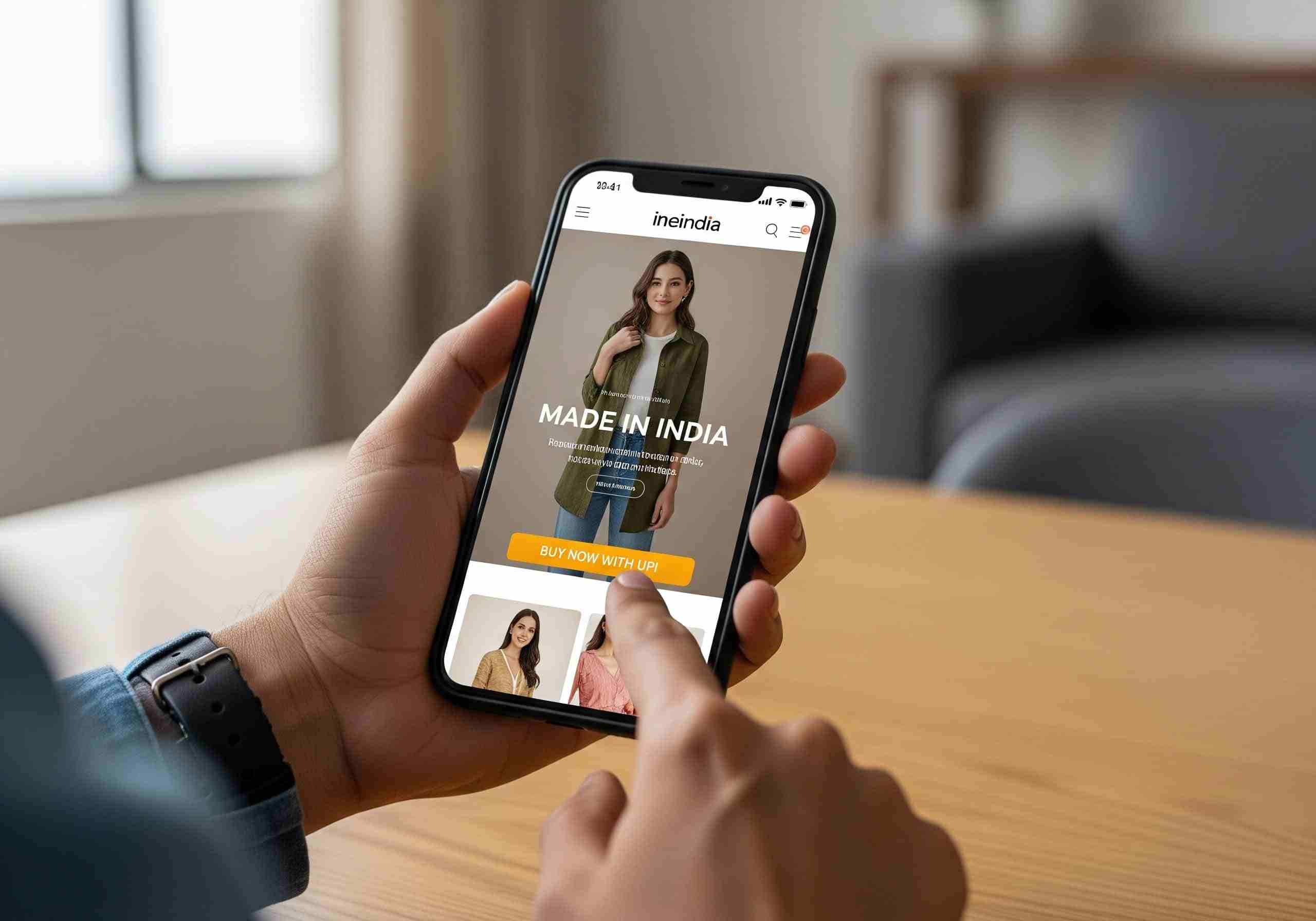 A successful 'Made in India' e-commerce store on a mobile phone, designed by Acadify Solution.